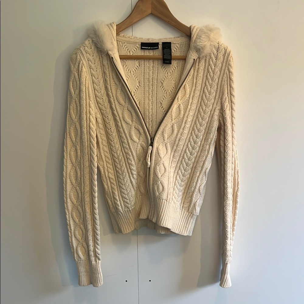 Dkny White Hooded Cable Knit Cardigan